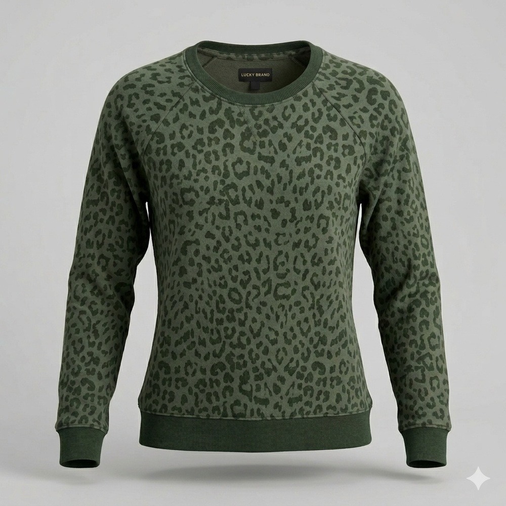 Lucky Brand Sweatshirt Women XS Green Leopard Print Raglan‎ Crewneck Soft Casual